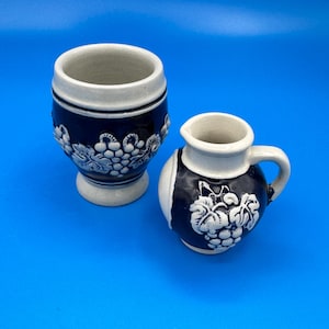 Vintage West German Salt Glazed Stoneware Wine Pitcher and Cup Set, Cobalt Blue Relief Grape Vine Bacchus Stein, Westerwald Germany Pottery