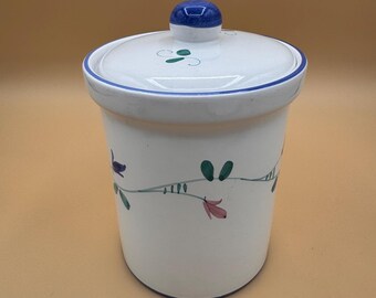 Vintage Savoir Vivre Portofino Blue Medium Ceramic Canister with Lid, 7.25” Hand Finished Italian Style Country Floral Jar, Discontinued