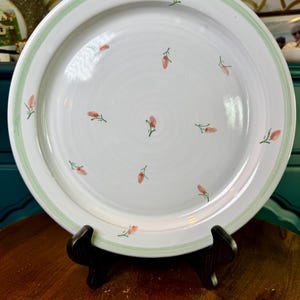 Vintage The Pottery Dalton PA Dinner Plate | Hand Painted Redware Terracotta Studio Art Pottery | Pink Tulips Green Rim | Signed Paul DeLuca