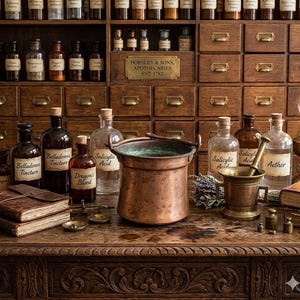 May include: A copper cauldron sits on a wooden table with glass apothecary bottles labeled Belladonna Tincture, Dragon's Blood, Salicylic Acid, and Aether. A brass mortar and pestle, leather-bound books, and a metal plaque reading Horsley & Sons are visible.