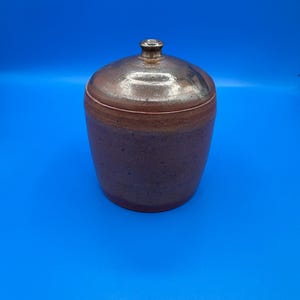 Vintage Signed Studio Pottery Lidded Jar  Hand-Thrown Stoneware Canister, Earthy Reduction Glaze with Metallic Dome Lid, Unknown Artist Mark