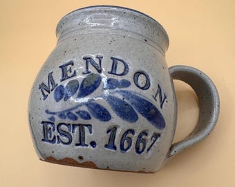 Vintage 1997 Westerwald Pottery Mendon MA Mug | Salt Glazed Stoneware Coffee Cup Est 1667 | Hand Thrown Blue Cobalt Massachusetts Town Gift