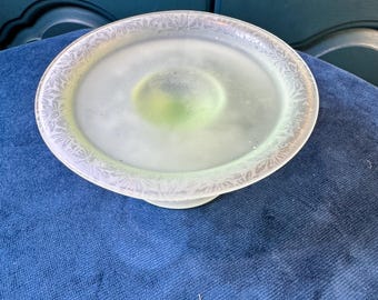 Vintage Green Frosted Uranium Glass Mini Cake Stand, 5” Art Deco Cupcake Pedestal Centerpiece, 1930s Etched Elegant Glass No Chips