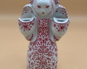 Vintage Nymolle Denmark Angel Candle Holder by Jacob E Bang, Red and White Danish Modern Ceramic Double Taper Candleholder Decor 3315-474