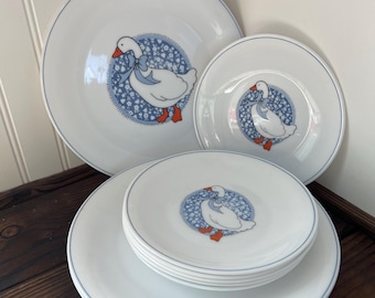 Set of 12 Arcopal Milk Glass French Country Goose Plates-     6 Dinner and 6 Lunch Plates