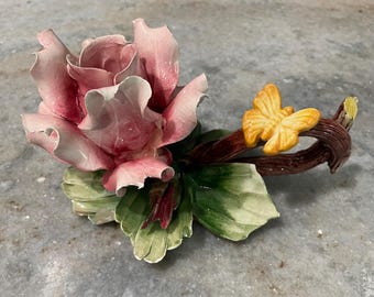 Vintage Capodimonte Beautiful Porcelain Roses Handmade Ceramic Candle Holder