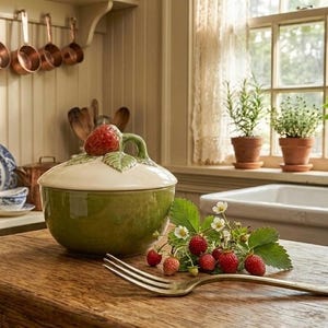 May include: A green ceramic bowl with a strawberry-shaped lid, a fork, and fresh strawberries on a wooden table. Copper pots hang above, and potted herbs sit on a windowsill in a kitchen setting.