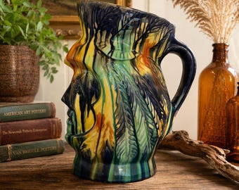 Vintage Mid Century Drip Glaze Native American Head Pitcher | McCoy Style Art Pottery Vase | Boho Rustic Decor Abstract Face Vase