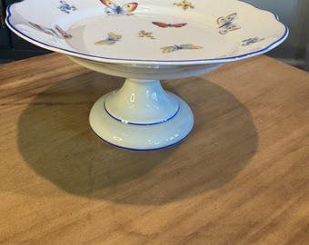 Antique-Style Limoges Butterfly Cake Stand - Scalloped Edge Dessert Riser - Botanical French Country Decor - 7x3.5 Porcelain Pedestal