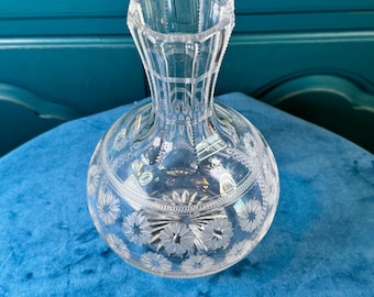 Antique American Brilliant Period Cut Glass Water Carafe | Hand-Cut Lead Crystal Daisy Floral Decanter | c. 1890s-1910s