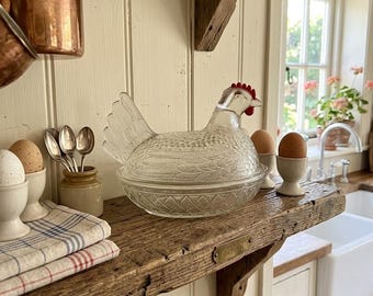 Vintage Indiana Glass Clear Hen on Nest with Painted Red Comb | Mid-Century Pressed Glass Covered Chicken Candy Dish | Farmhouse Cottagecore