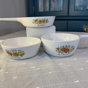 Vintage CorningWare "Spice of Life" 3-Piece Individual Skillet & Saucepan Set | La Sauge, La Marjolaine, Le Persil | French Spice Pattern