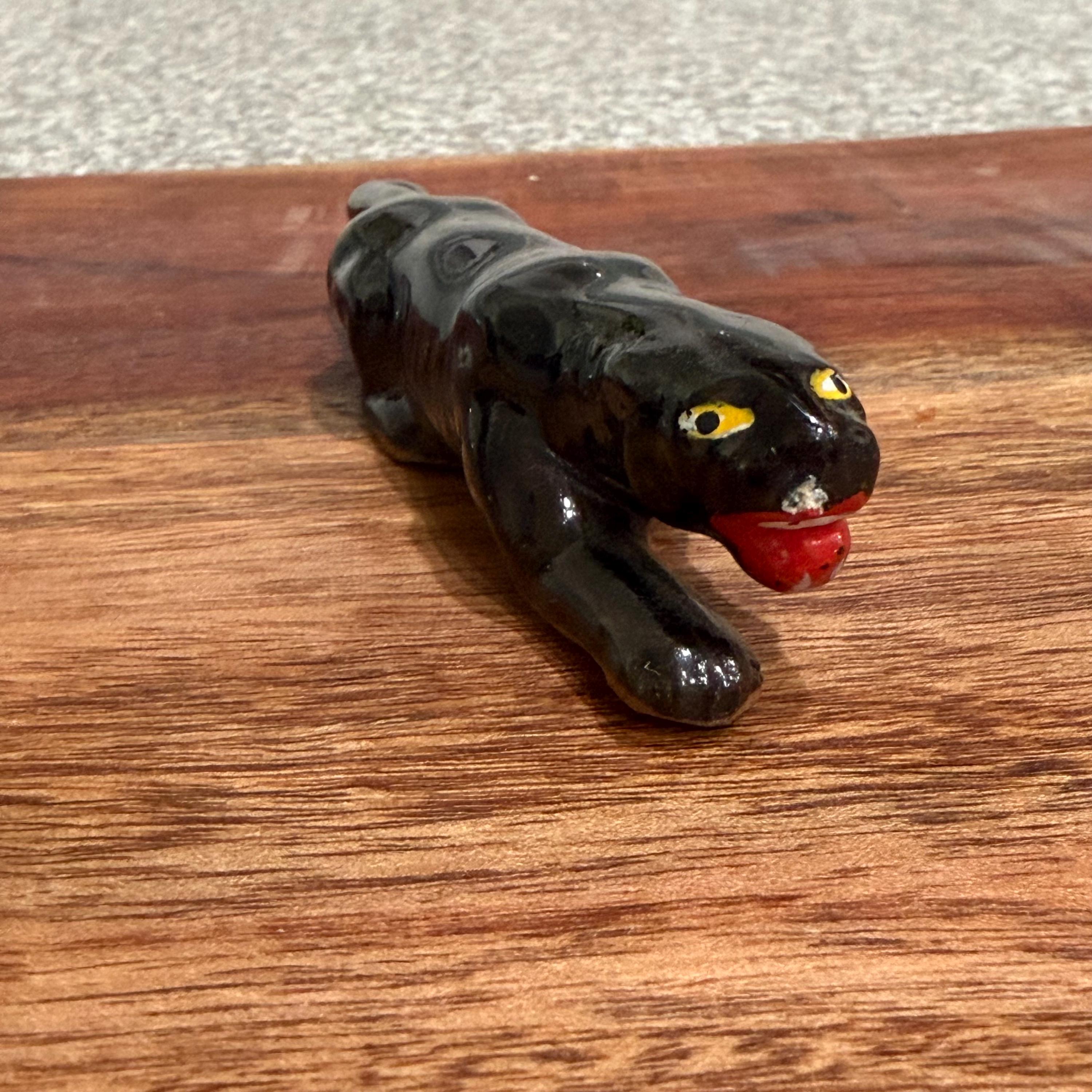 1950s Black Panther Figurine, Redware Ceramic Cat, Mid Century