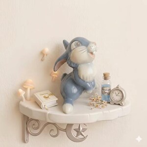 May include: A whimsical shelf with a blue rabbit figurine, a miniature book labeled "Stories", and a small clock. The shelf also features a bottle with "Moonlight Dew" and decorative mushrooms. The shelf is supported by a silver bracket with a moon and star design.