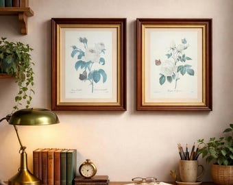 Vintage Botanical Rose Prints Set of 2 | Framed Floral Wall Art | Redouté Style Rose Illustrations | Cottagecore Study Decor