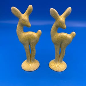 Vintage Mid Century Roselane California Pottery Chartreuse Crackle Deer Figurines - Pair - 5"