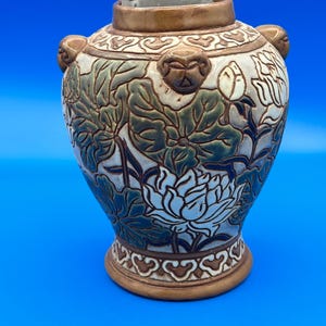Antique Oriental Relief Lotus Vase - 8.5" Ginger Jar Base, Late Qing to Republic Era Polychrome Stoneware, Molded Lion Head Foo Dog Masks