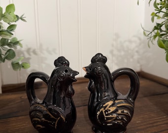 Vintage Black Redware Hen and Rooster Salt and Pepper Shaker Set