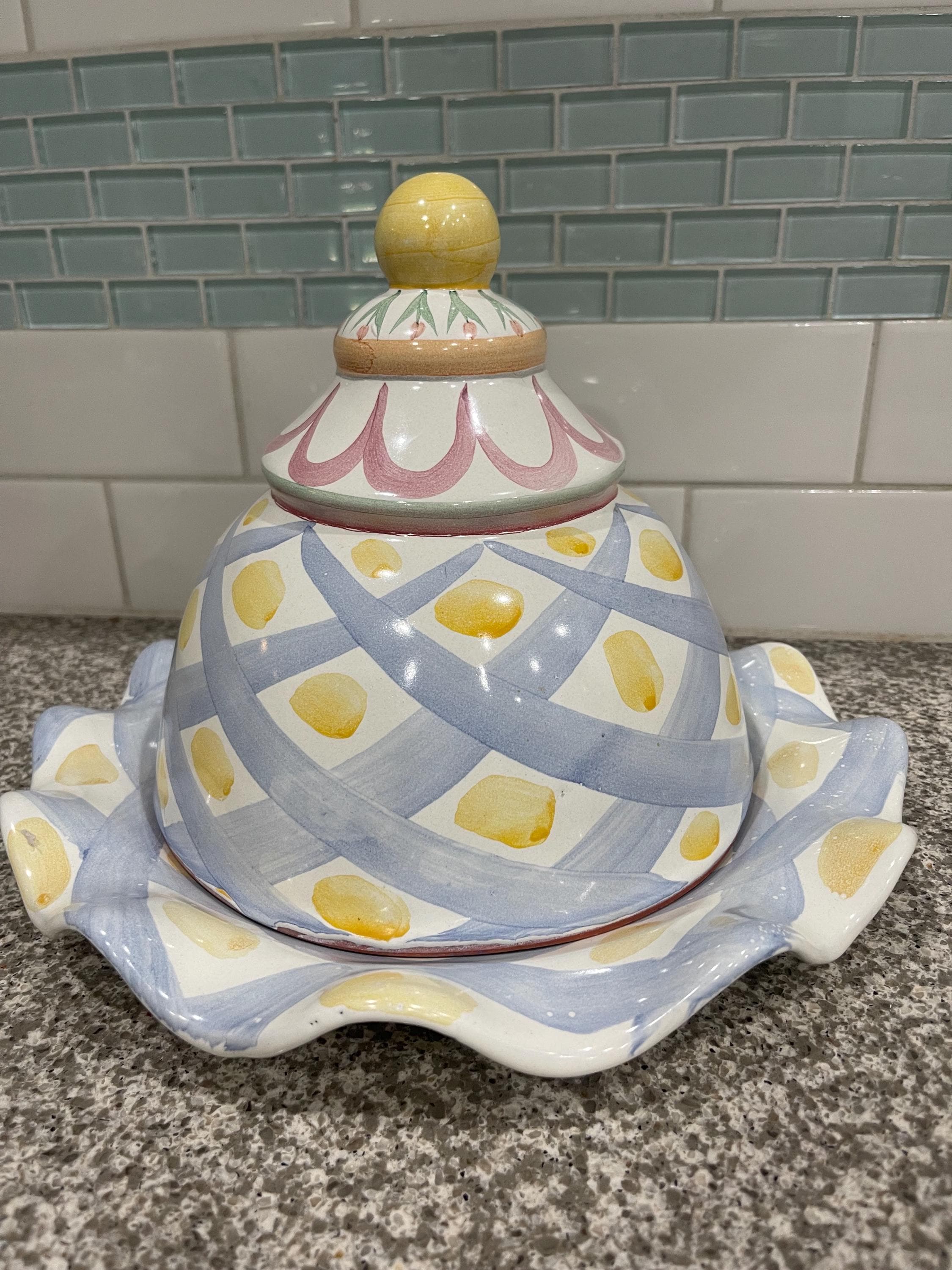 マッケンジーチャイルズ プレート チューリップ Vintage 1990s Mackenzie Childs Hand Painted Pottery 12” Cheese