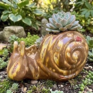 Vintage 10” Ceramic Snail | High Gloss Reactive Glaze Figurine | Unsigned MCM Art Pottery | Large Whimsical Shelf Decor or Succulent Pot