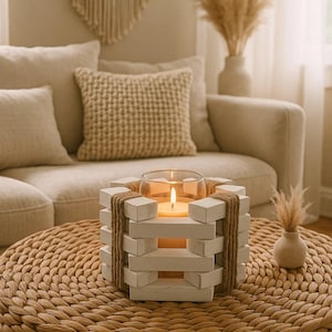 Op de afbeelding: Een witte houten kandelaar met een glazen inzet, omwikkeld met bruin touw. Een brandende kaars zit in het glas. De kandelaar staat op een geweven, ronde tafel. De achtergrond omvat een beige bank en decoratieve elementen.