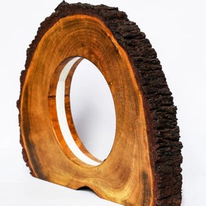 Può includere: Uno specchio in legno fatto a mano con un'estetica naturale e organica. Lo specchio è realizzato da una sezione trasversale di un tronco d'albero, che mostra la venatura e la consistenza del legno. La cornice è di un ricco colore marrone con un bordo di corteccia ruvida e strutturata. L'apertura dello specchio è ovale.