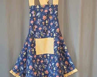 Navy Mushroom and Floral Crossback Apron/Women's Kitchen Apron/Apron with Pocket and Ruffle/Cottagecore Apron/ Bakers Apron