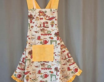 Retro 1950s Kitchen Crossback Apron with Ruffle and Pocket | Vintage Inspired Kitchen Apron | Handmade Apron