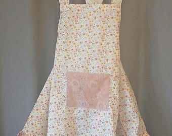 Handmade Floral Crossback Apron with Pink Lace Pocket and Ruffles, Feminine Cottage Kitchen Apron, Gift for Baker