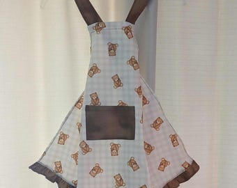 Kids Teddy Bear Crossback Apron with Pocket and Ruffle, Brown Gingham Bear Apron, Child Baking Apron, Cute Kitchen Apron Gift