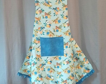 Aqua Crossback Apron: Songbirds & Flowers, Ruffle Pocket
