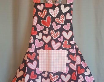 Handmade Farmhouse Black Heart Crossback Apron S-XL, Red & Pink Hearts, Ruffled Pocket Apron, Kitchen Decor Gift