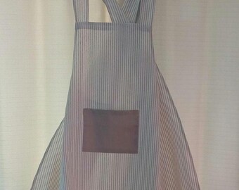 Handmade Crossback Apron with Front Pocket And Ruffle,  Tan Stripe Linen/Cotton Apron, Kitchen Apron, Retro Bakers Apron, Gift for Her
