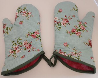 Lot de 2 gants de cuisine fleuris roses et verts, gants de cuisine faits main,
