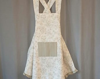 Handmade Sage Green Floral Crossback Apron with Pocket and Ruffle | Cottagecore Pinafore Apron | Comfortable No Tie Kitchen Apron