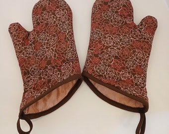 Lot de 2 roses roses sur des gants de cuisine marron, gants de cuisine épais, cadeau de fête des mères