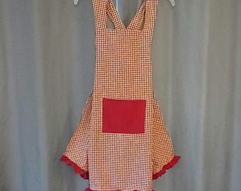 Gingham Crossback Kitchen Apron – Red & Tan Cotton, Ruffled Hem