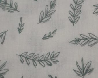 Green & White Leaf Baby Gauze Fabric – Soft Botanical Double Gauze, Nature Nursery Sewing Fabric