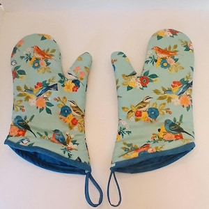 Set of 2 Birds And Flowers Oven Mitts, Flowered Full Coverage Oven Gloves, Kitchen Oven Mitt, Small Hands Oven Mitts, Cottagecore