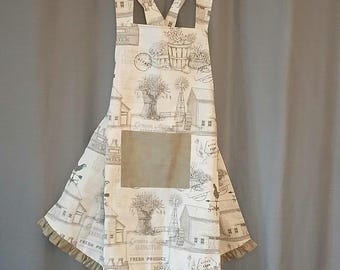 Handmade Farmhouse Crossback Apron, Sage Green Farm Scene Apron with Ruffle Pocket, Rustic Country Kitchen Apron