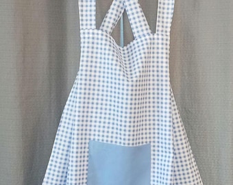 Handmade Light Blue Gingham Crossback Apron/Womens Apron/Mother’s Day Gift/Apron With Pocket And Ruffle/Rustic Kitchen Decor