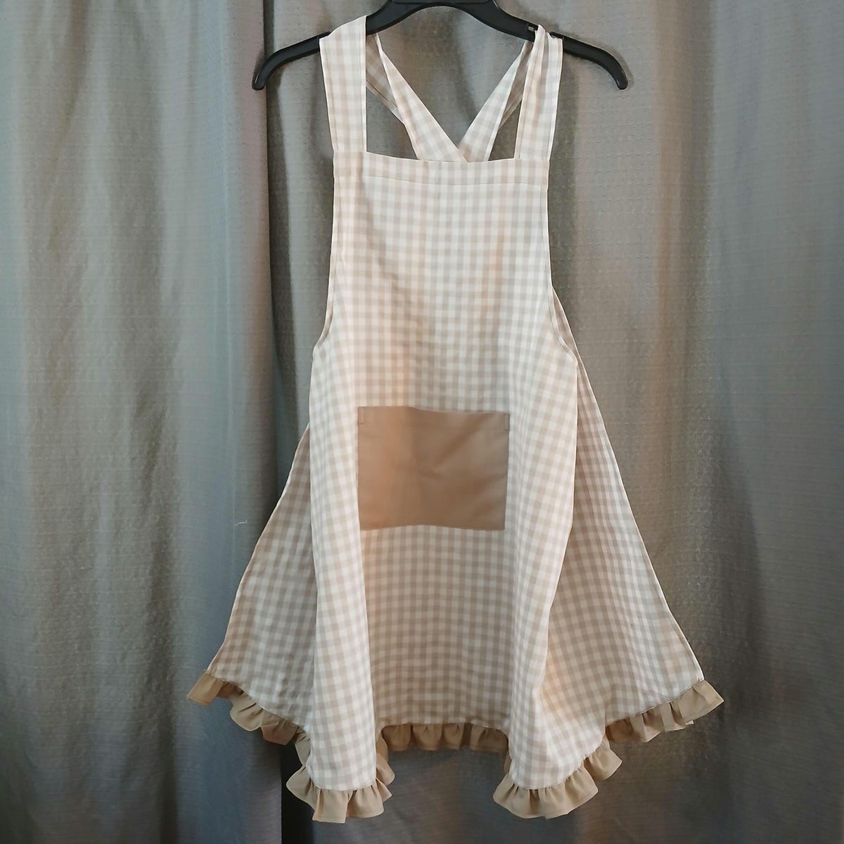 Tan & Cream Gingham Homespun Cotton Crossback Apron – Farmhouse Charm With Timeless Comfort, Kitchen Baking Apron With Pocket and Ruffle - Etsy