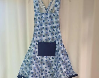 Blueberries & Gingham Crossback Apron – Cotton Ruffled Kitchen Apron with Front Pocket, Farmhouse Cottagecore Cooking Apron