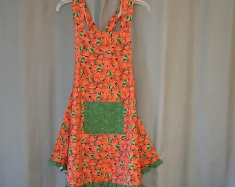 Rustic Cotton Crossback Apron | Strawberry Print with Ruffle & Front Pocket | Farmhouse Kitchen Apron | Handmade Gift