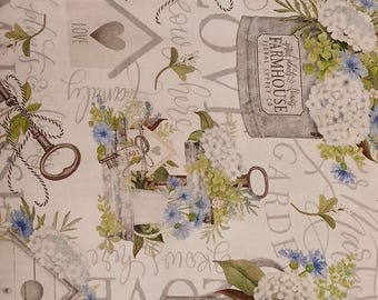 Hydrangea Farmhouse Fabric – Rustic Birdhouses and Watering Cans – Quilting & Sewing Fabric
