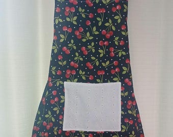 Cherry Print Crossback Apron with Eyelet Pocket and Ruffle – Handmade Cottage Style Kitchen Apron – Feminine Baking Apron Gift