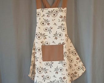 Handmade Floral Crossback Apron with Pocket, Cream and Brown Cottage Kitchen Apron, Women's Full Coverage Apron