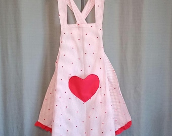 Pink Gingham Homespun Crossback Apron with Pocket & Ruffle, Embroidered Red Hearts, Mother’s Day Kitchen Apron