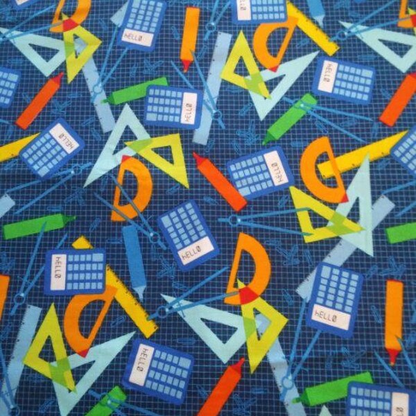 Blue Math Tools Cotton Fabric By the Yard - Saved By The Bell by Studios Fabrics Destash