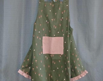 Womens Woodland Mushroom Apron, Green Crossback Apron with Pink Pocket and Ruffle Hem, Handmade Baking Apron